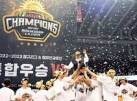 [포토]‘선수들의 헹가래 세리머니 받는 최대호 안양시장