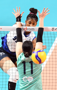 [포토]현대건설 모마, GS칼텍스 최은지의 블로킹 위로!