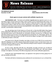 SF 이정후 6년 1억1300만 달러 계약 발표, 16일 입단식·기자회견[공식발표]