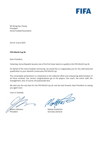 인판티노 FIFA회장, 정몽규 회장에게 축하 서신 “한국 11회연속 월드컵 본선, 충분한 자격”