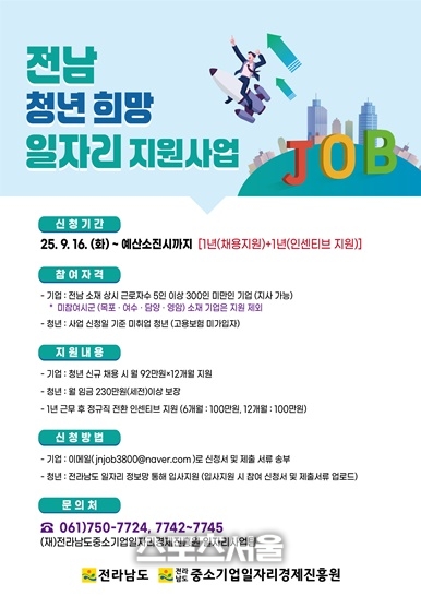 전남도, 청년 희망 일자리 참여기업·청년 모집