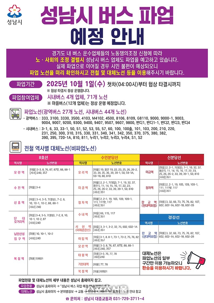 성남시, 시내버스 전면파업...마을버스 275대·택시 3519대 비상 투입