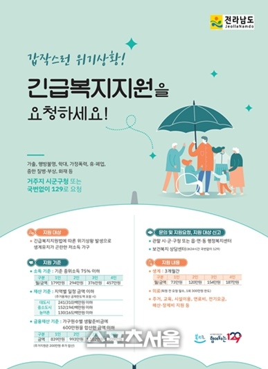 전남도, 긴급복지 지원 국비 17억 추가 확보