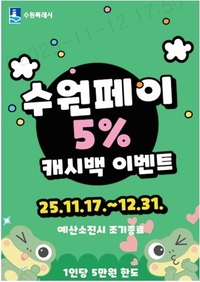 수원시, 17일부터 수원페이 5% 캐시백 이벤트 연말까지