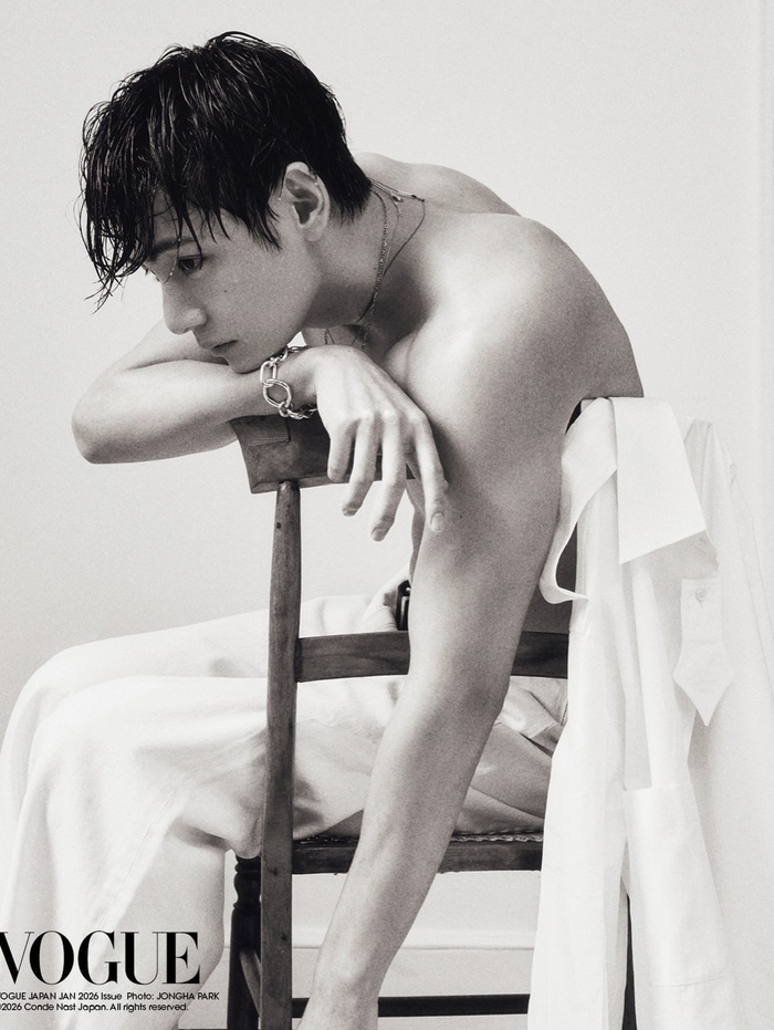 V shows off his deepened aura and sculptural visuals in his Vogue Japan pictorial.