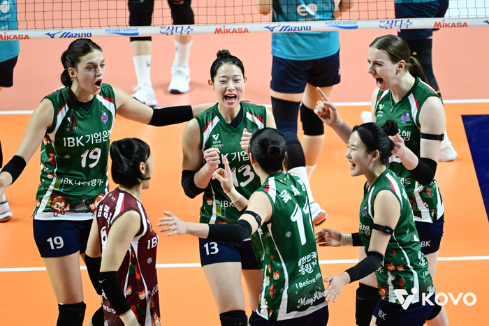 환호하는 기업은행 선수들. 제공 | 한국배구연맹 