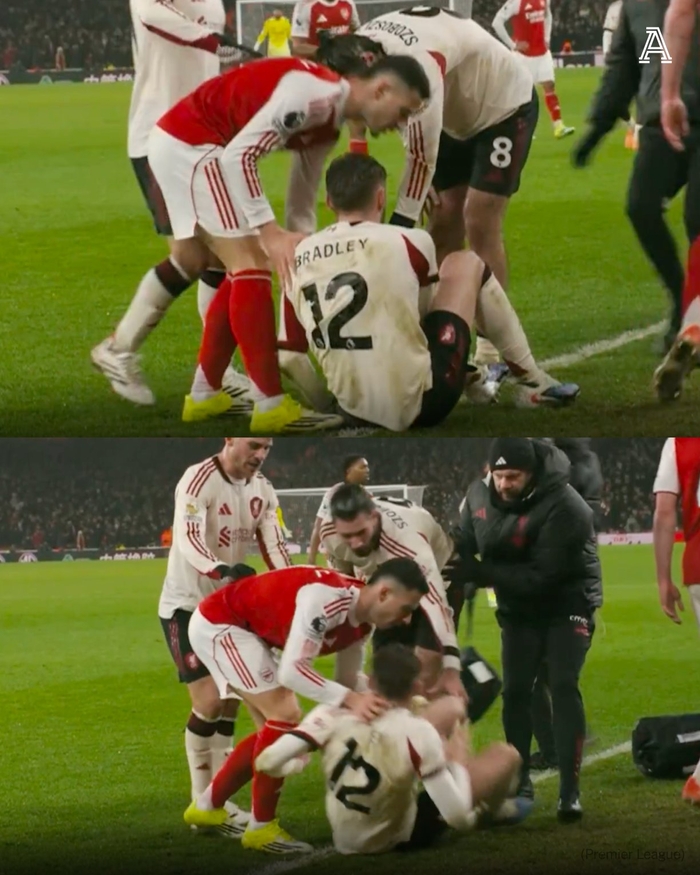 ‘부상’으로 쓰러졌는데 공 던지고 그라운드 밖으로 밀어내고…아스널 마르티넬리, ‘비매너’ 행동으로 ‘구설’