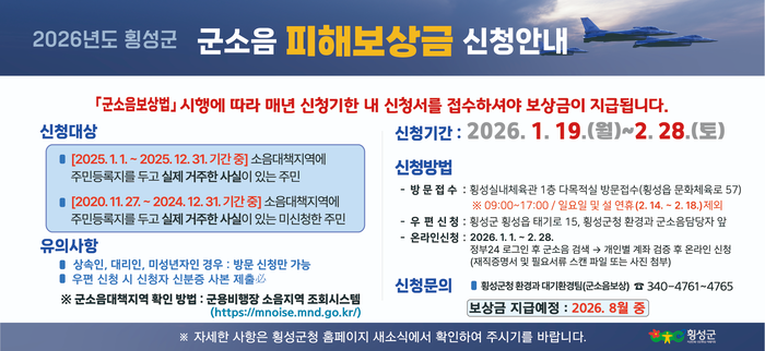 횡성군, 26년도 군용기 소음피해 보상금 접수 시작