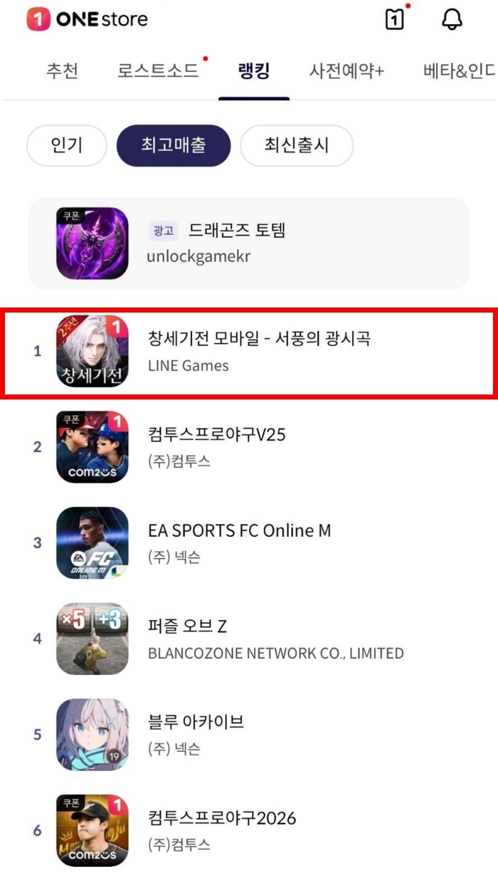 라인게임즈 ‘창세기전 모바일’이 원스토어 매출 순위 1위를 달성했다. 사진 | 라인게임즈