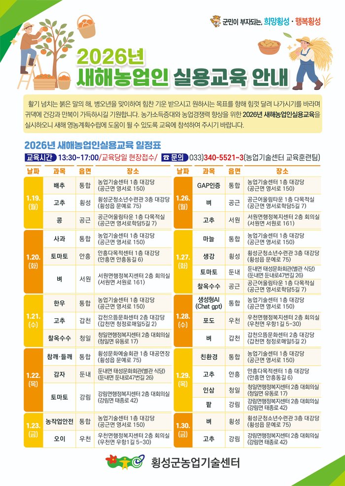 횡성군, 2026 새해 농업인 실용교육 실시