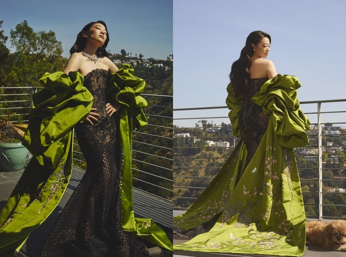 ‘케데헌’ 아덴 조, 눈물로 적신 아카데미…초록빛 여신 드레스 자태