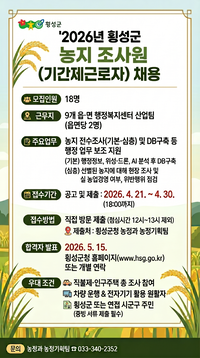 횡성군, 2026년 농지 전수조사 ‘농지 조사원 18명’ 공개채용