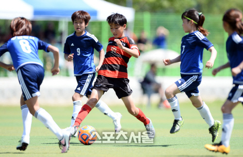 [SS포토]수비진 사이를 돌파하는 상대초 김신지