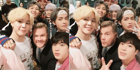 "제임스 코든과 함께" 방탄소년단, 美 '레이트 쇼' 출연 인증샷 공개