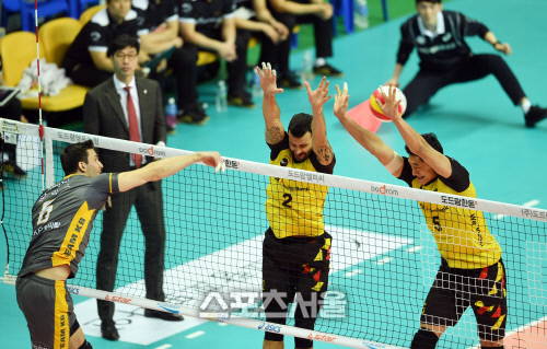 [포토]형 마르코의 블로킹벽 뚫는 동생 알렉스(OK저축은행-KB손해보험)