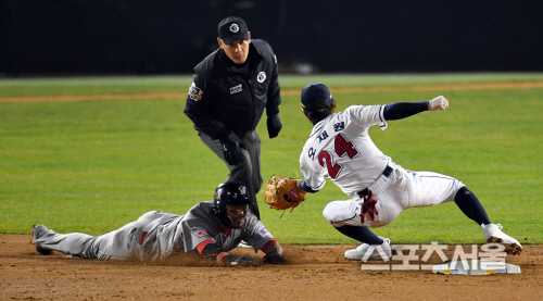 한동민 도루 잡아내는 오재원, 양의지 송구가 너무 좋아![포토]