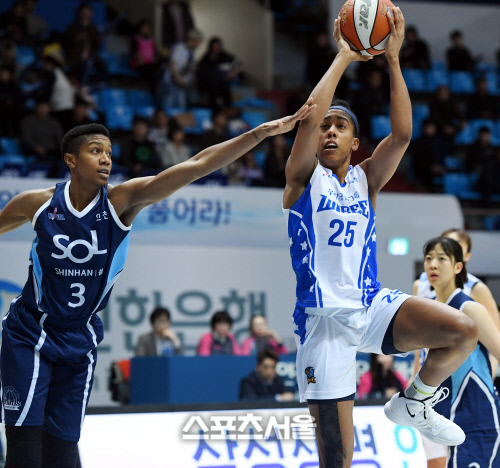 [포토] 우리은행 빌링스, 먼로 따돌리고...슛!