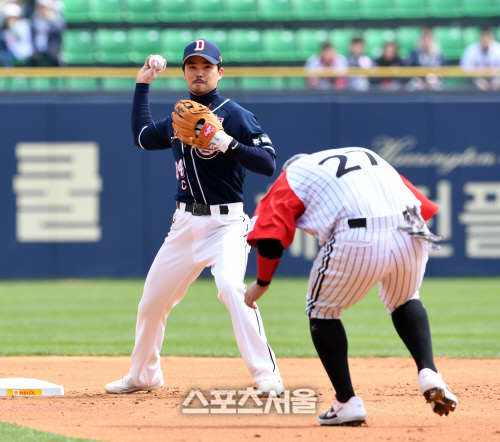 오재원 송구...유강남 바짝 [포토]