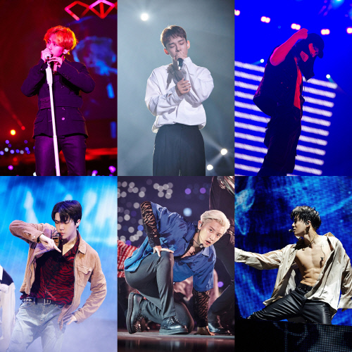 엑소 단독 콘서트 개인 이미지(왼쪽부터 시계방향으로 백현, 첸, 카이, 수호, 찬열, 세훈)