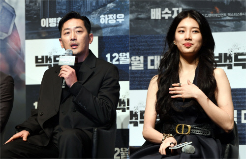 '백두산' 하정우 "배수지와 부부호흡, 영화 앞뒤로 나온다"