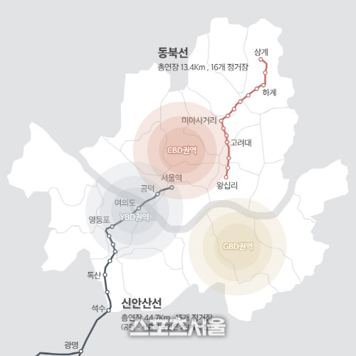 (이미지) 신안산선, 동북선 위치도