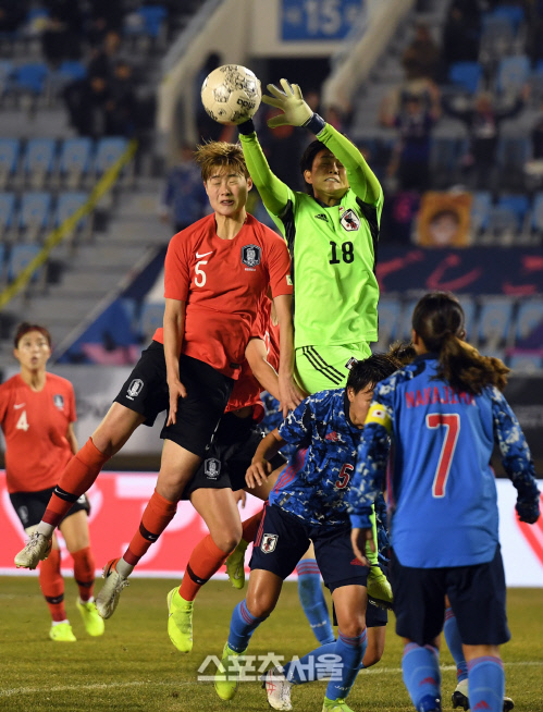 [포토]헤더 시도하는 홍혜지, 살짝 모자라...(한국-일본)