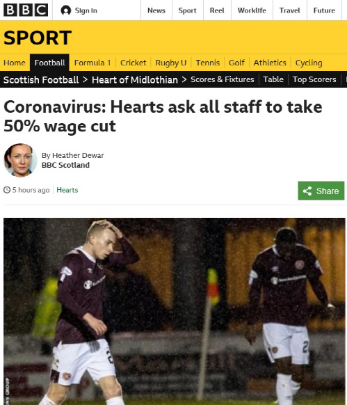 '코로나 여파' 스코틀랜드 1부 하츠, 선수·프런트 급여 50% 감봉 요구