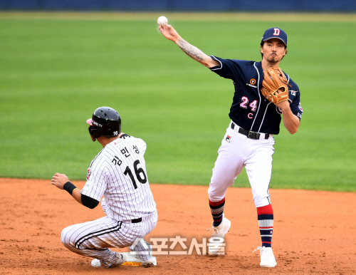 [포토] 오재원 '더블플레이 가자'