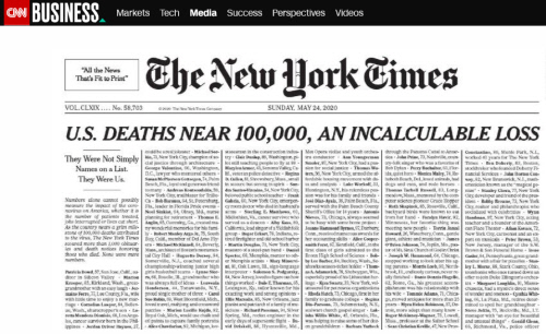 "이들이 우리다" 뉴욕타임즈 1면 코로나19 사망자로 빼곡히 채워