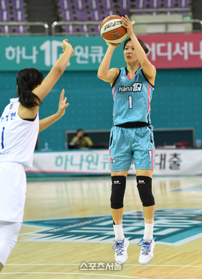 [포토]박지현의 수비 피한 신지현의 미들슛(하나원큐-우리은행)