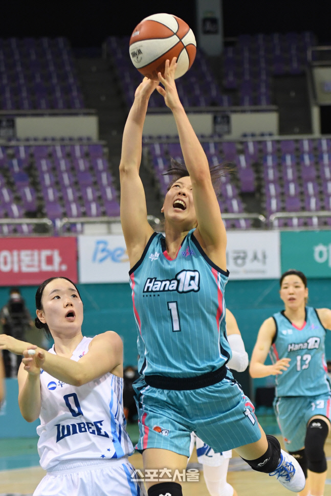 [포토]하나원큐 신지현, 어떻게든 던진다!