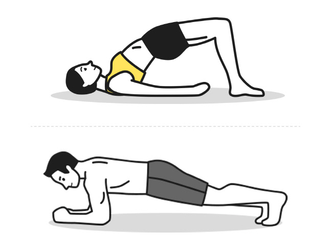 브릿지운동과 플랭크운동(자료출처_아이클릭아트)