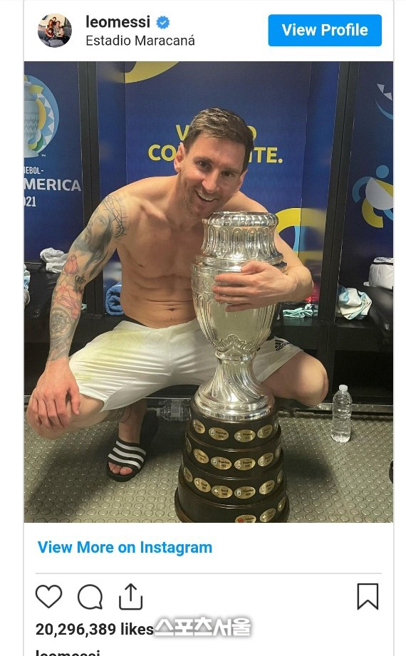 메시 코파 아메리카 우승트로피 사진 '좋아요', 호날두 앞섰다
