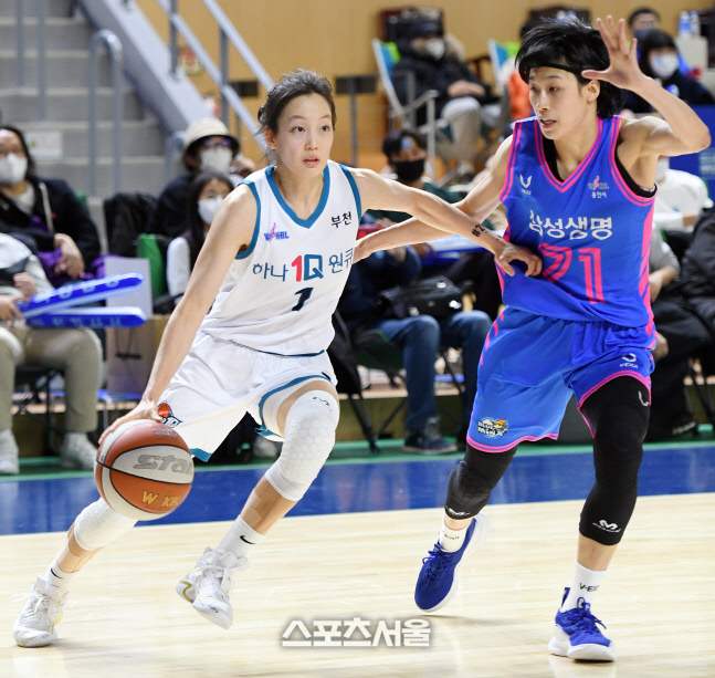 [포토]드리블 돌파하는 하나원큐 신지현