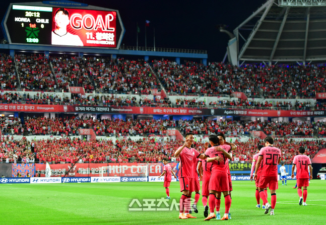 동료들과 기쁨 나누는 황희찬[포토]