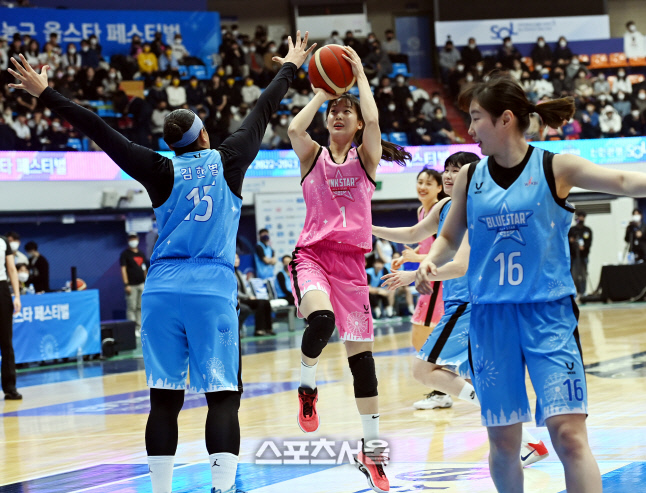 [포토] 슛 시도하는 핑크스타 신지현