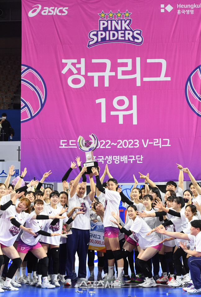 [포토]정규리그 우승 트로피 들어올리는 아본단자 감독과 김연경