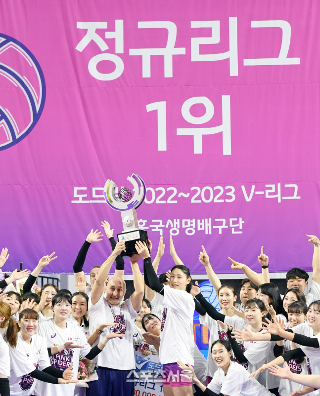 [포토]아본단자 감독-김연경, 1위 트로피를 높이!