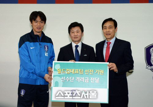 [SS포토]선수단 격려금 전달하는 김정태 회장